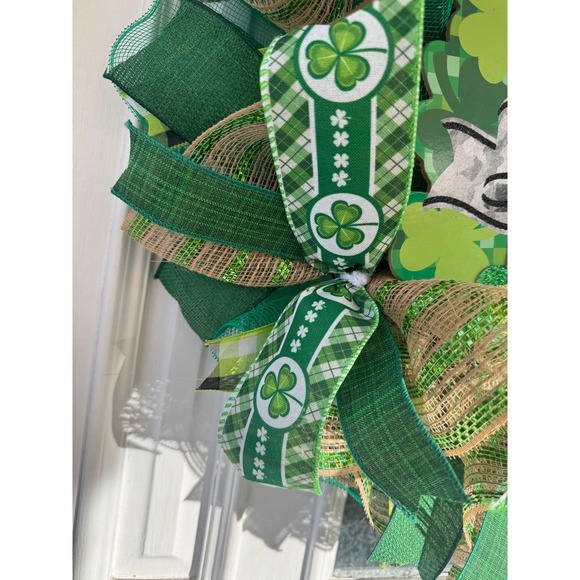 Welcome Shamrock Clover Saint Patrick’s Day Mesh Ribbon Wreath Door Hanger - Picture 3 of 9